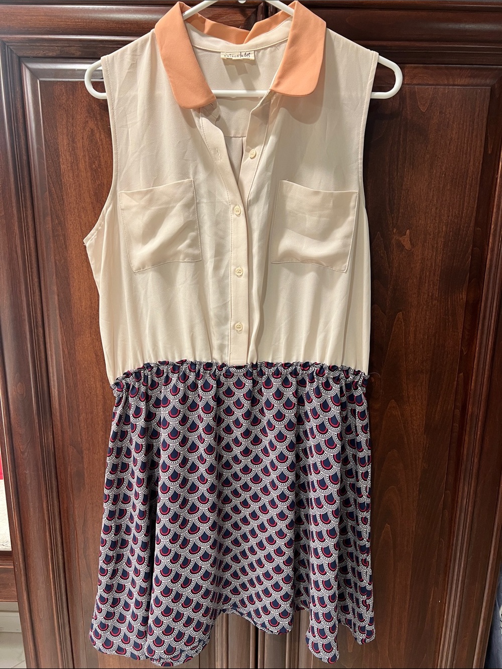 Maison Jules Cream and Coral Collared Sleeveless Dress with Patterned Skirt